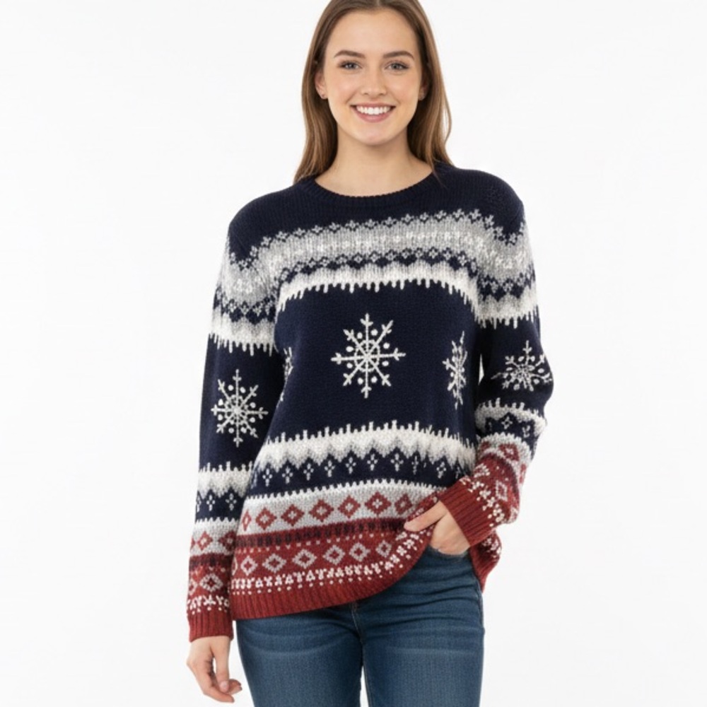 Vintage 90s Y2K Basic Editions Navy and Red Snowflake Sweater Chunky Warm